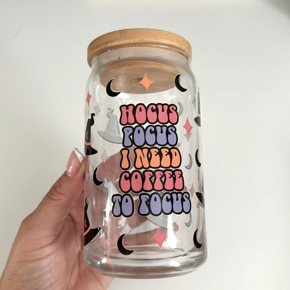 HOCUS POCUS I NEED COFFEE TO FOCUS GLASS CUP NWT